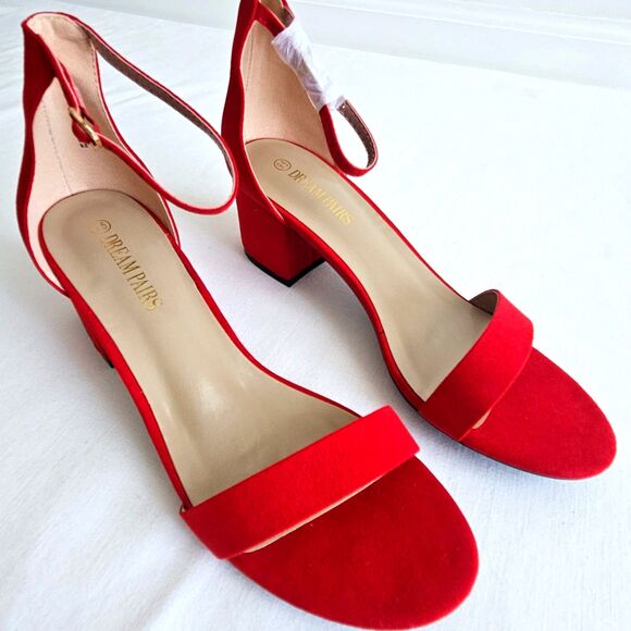 Dream Pairs Red Velvet Suede Strappy Low Chunk Heel Pump Sandal Womens 9.5 NEW - Picture 2 of 16